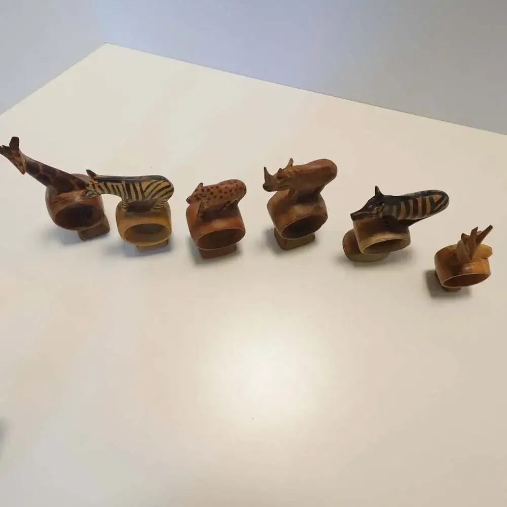 Vintage Hand Carved African Safari Animal Wooden Napkin Rings Set of 6